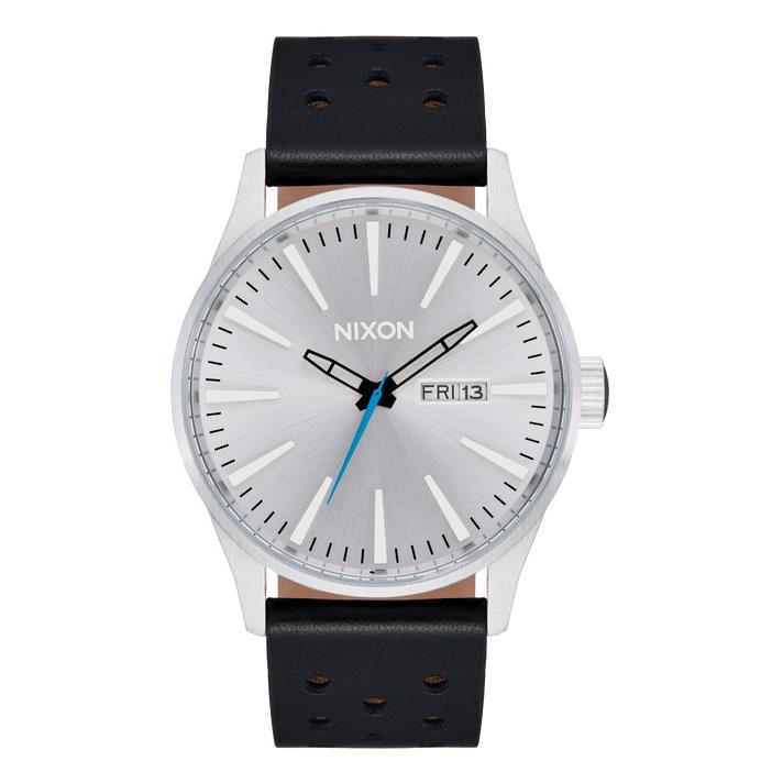 Nixon Sentry Stainless Steel Black Leather Strap Men`s Watch A105-5269 - Dial: Silver, Band: Black, Bezel: Silver