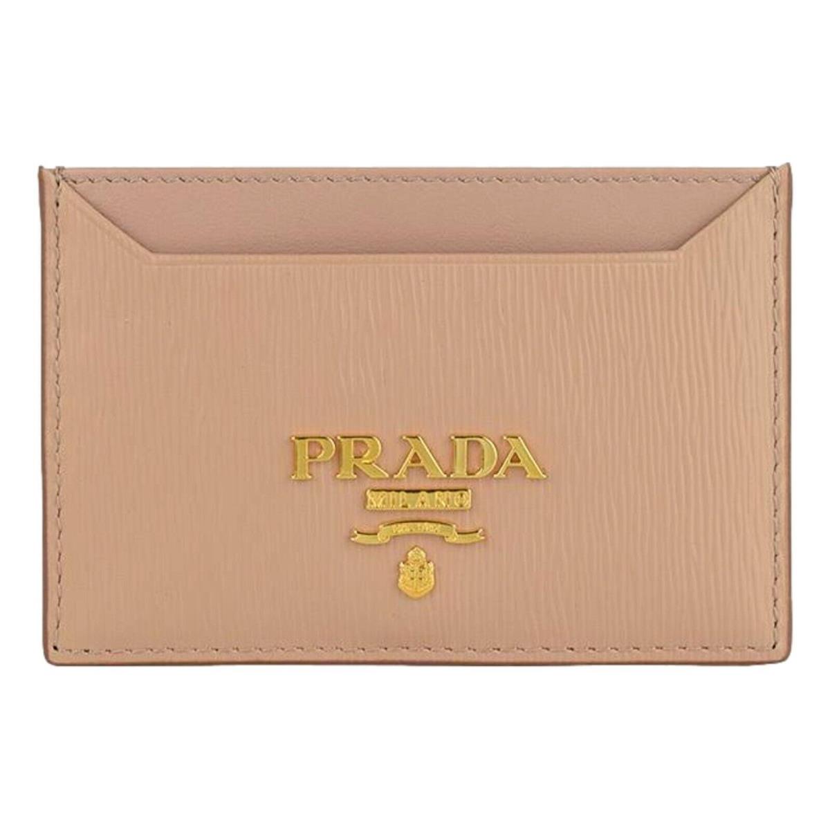 Prada Vitello Move Cipria Beige Leather Logo Plaque Card Holder Wallet