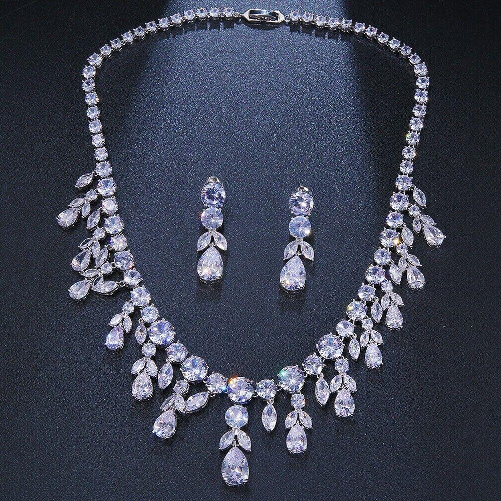 White Gold Plated Swarovski Crystal Cubiczirconia Bridal Necklace Earring Set