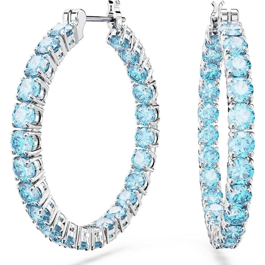 Swarovski Matrix Hoop Earrings Round Cut Blue Rhodium Plated 5647446