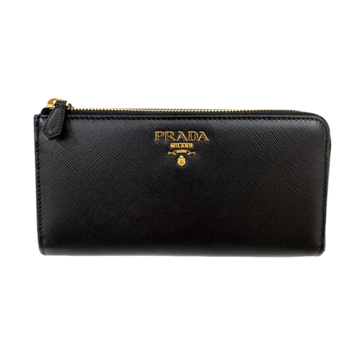 Prada Saffiano Long Continental Zip Wallet Black Leather Gold Logo