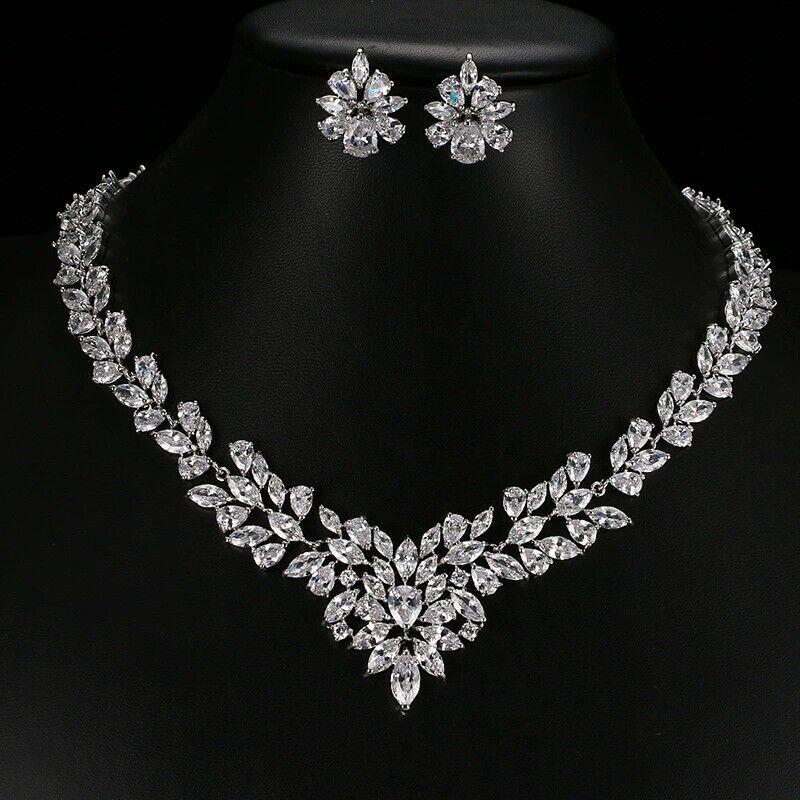 White Gold Plated Swarovski Crystal Cubiczirconia Bridal Necklace Earring Set