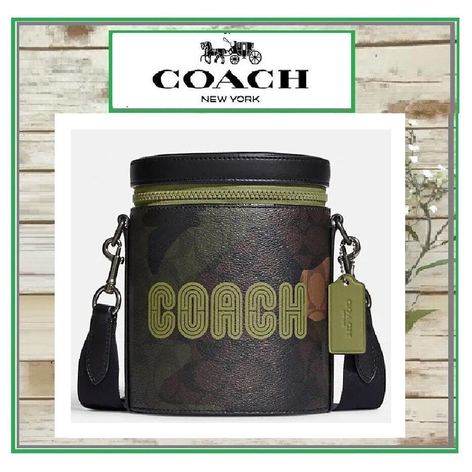 Coach Barrel Crossbody CC024 Camo Print In Sig C Leather Khaki Olive Green