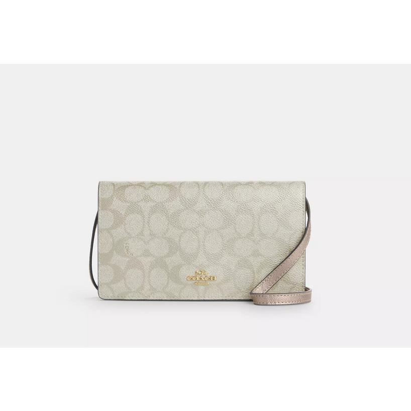 Coach Anna Foldover Clutch Crossbody Signature Canvas Leather CX593 Champagne