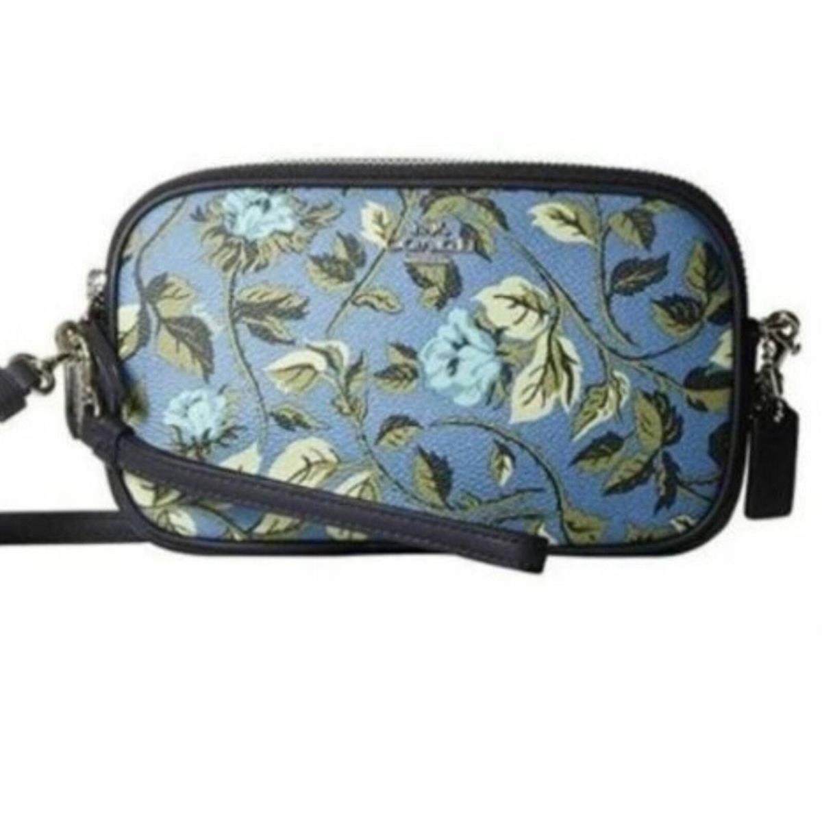 Coach Sadie Sleeping Rose Slate Blue Floral Crossbody Clutch Handbag Purse 66690