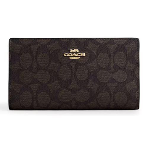 Coach Slim Zip Wallet - CW661 Walnut Brown Black Signature Canvas