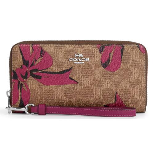 Coach Long Zip Around Wallet - CZ326 Signature Canvas W/pink Bow Print -nwt