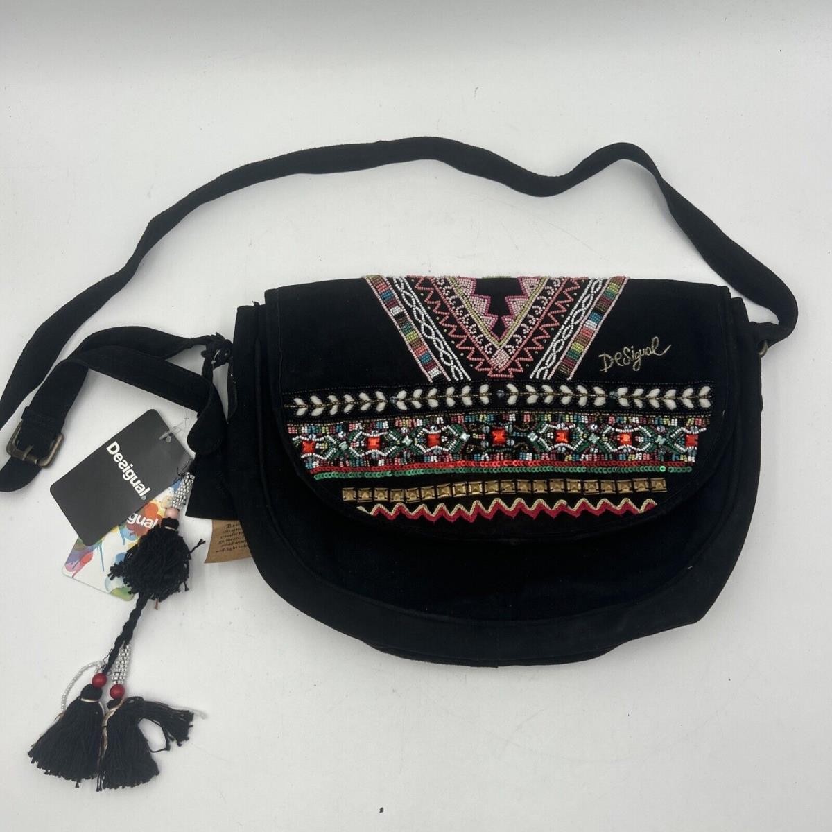 Desigual Bols Florencia Ivy Flap Purse Embroidered Beaded Pathern Black