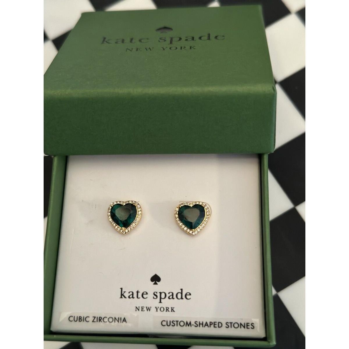 New Kate Spade New York Gold Tone Green Zirconia Heart Earrings