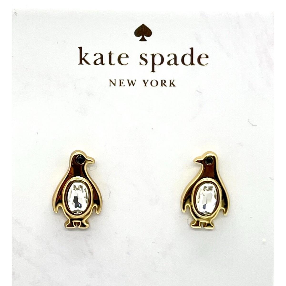 Kate Spade Arctic Friends Penguin Crystal Stud Earrings Gold w/ Black White