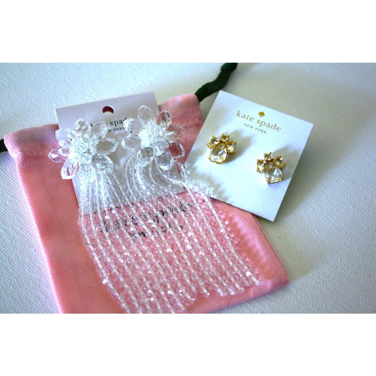 Kate Spade Clear White Crystals Dangle Flower Tassel Earrings