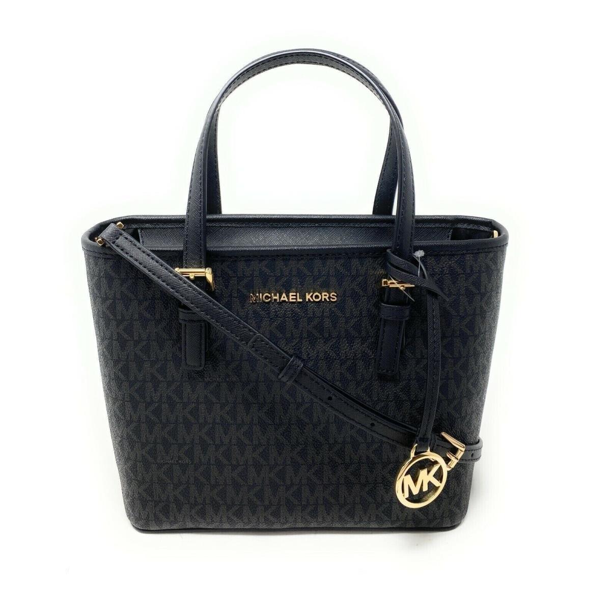 Michael Kors Jet Set Travel Leather XS Carryall Zip Convertible Tote Satchel Bag Black Signature/Gold Tone