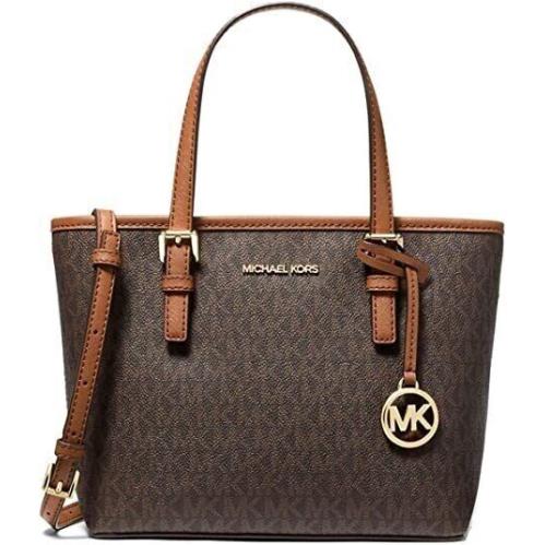 Michael Kors Jet Set Travel Leather XS Carryall Zip Convertible Tote Satchel Bag Brown Signature/Gold Tone