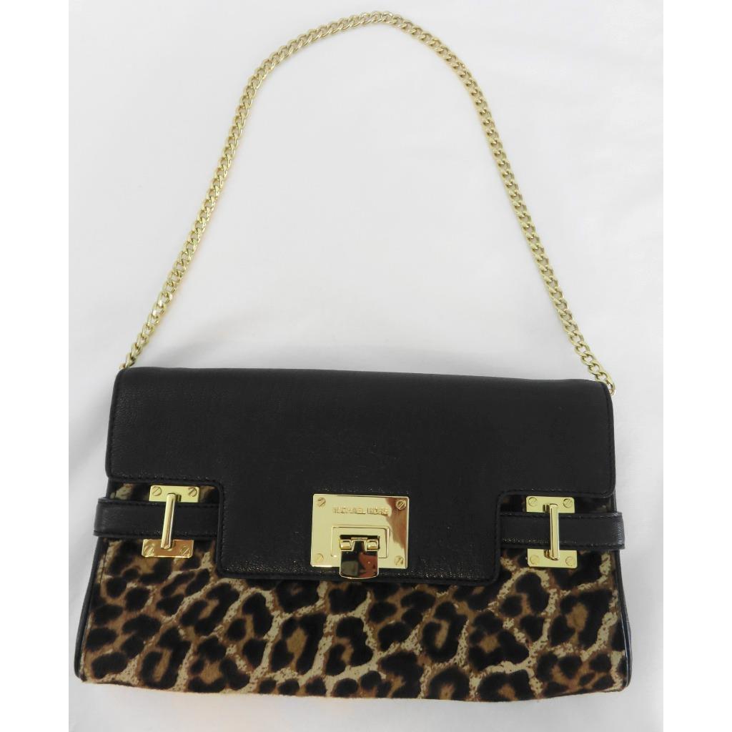 Michael Kors Astrid Brown/black Cheetah XL Clutch Gold Crossbody Cha