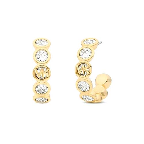 Michael Kors Gold Tone Brass Crystals MK Logo Open Hoops Earrings MKJC0086