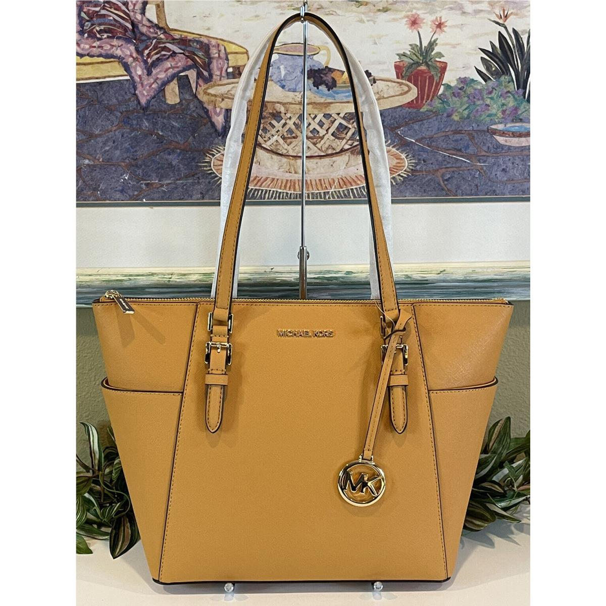 Michael Kors Charlotte Medium Large Zip Tote Shoulder Bag Cider Yellow Leather