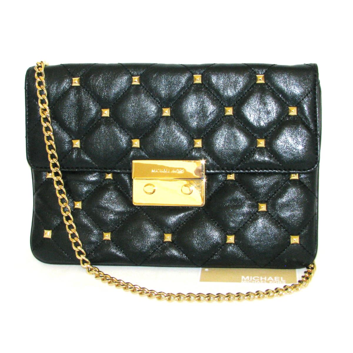 Michael Kors Sloan Quilt Studded Black Leather Gold Clutch Shoulder Clutch Bag