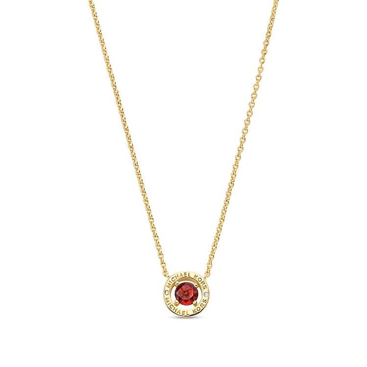 Michael Kors Gold Tone Brass Halo Red Crystal Charm Chain Necklace MKJ0100B