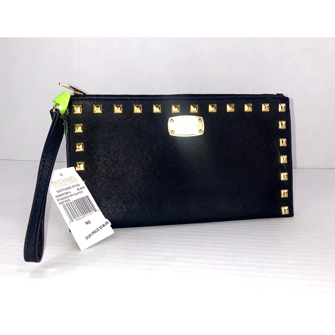 Michael Kors Large Wristlet Saffiano Stud Black Leather Clutch Gold Zip B20