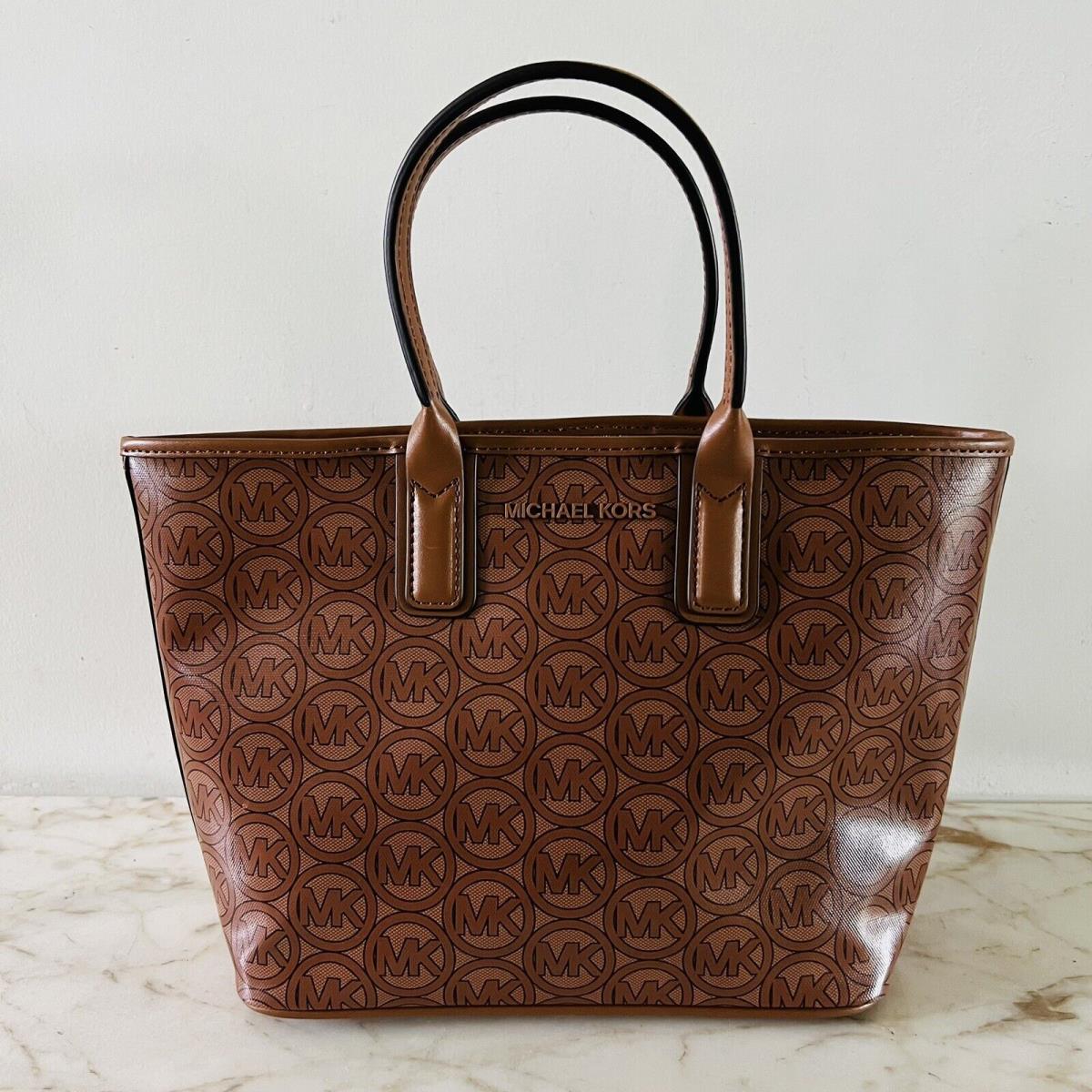 Michael Kors Jodie Luggage Brown Tan Logo Print Small Tote