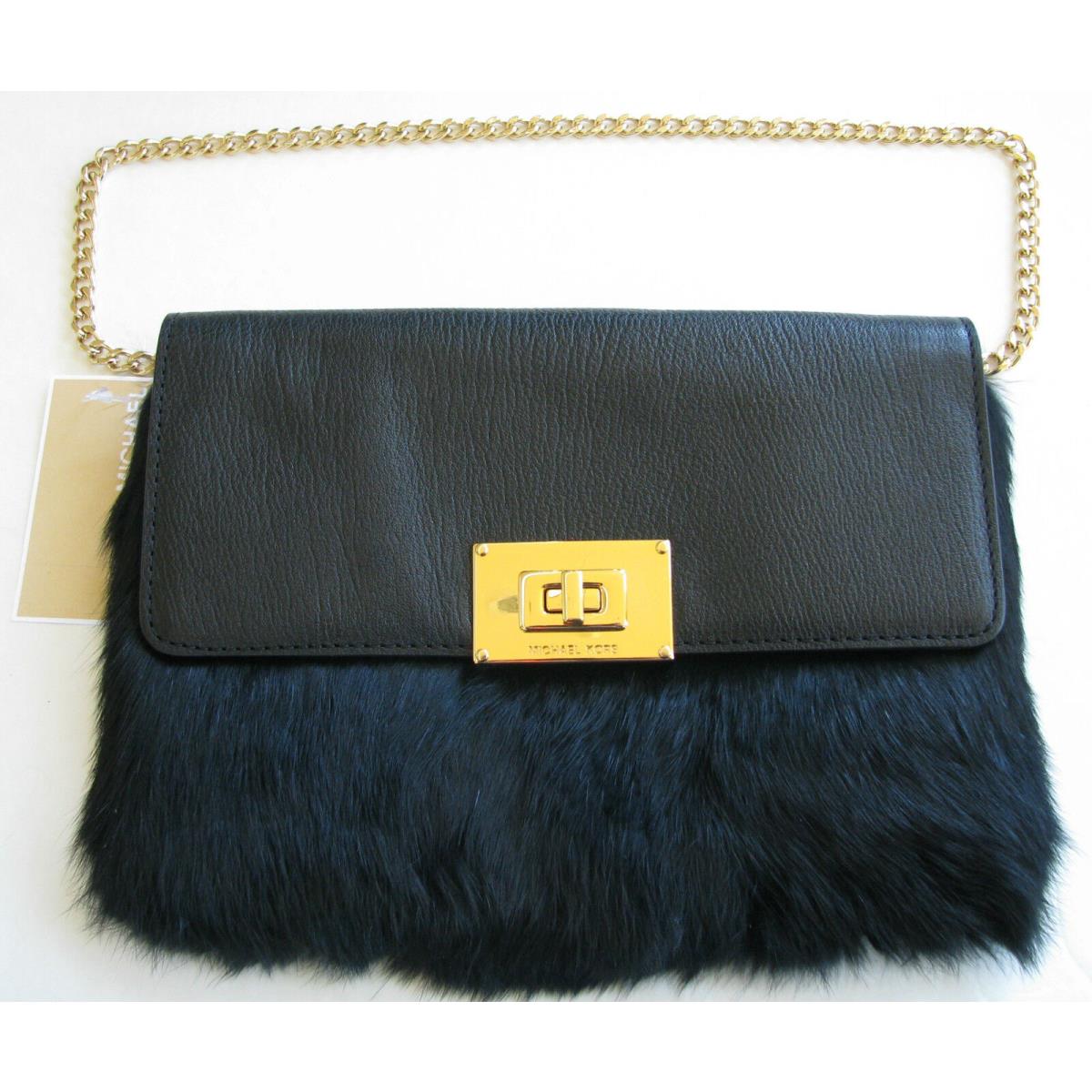 Michael Kors Sloan Black Fur Leather Gold Accent Clutch Shoulder Hand Bag