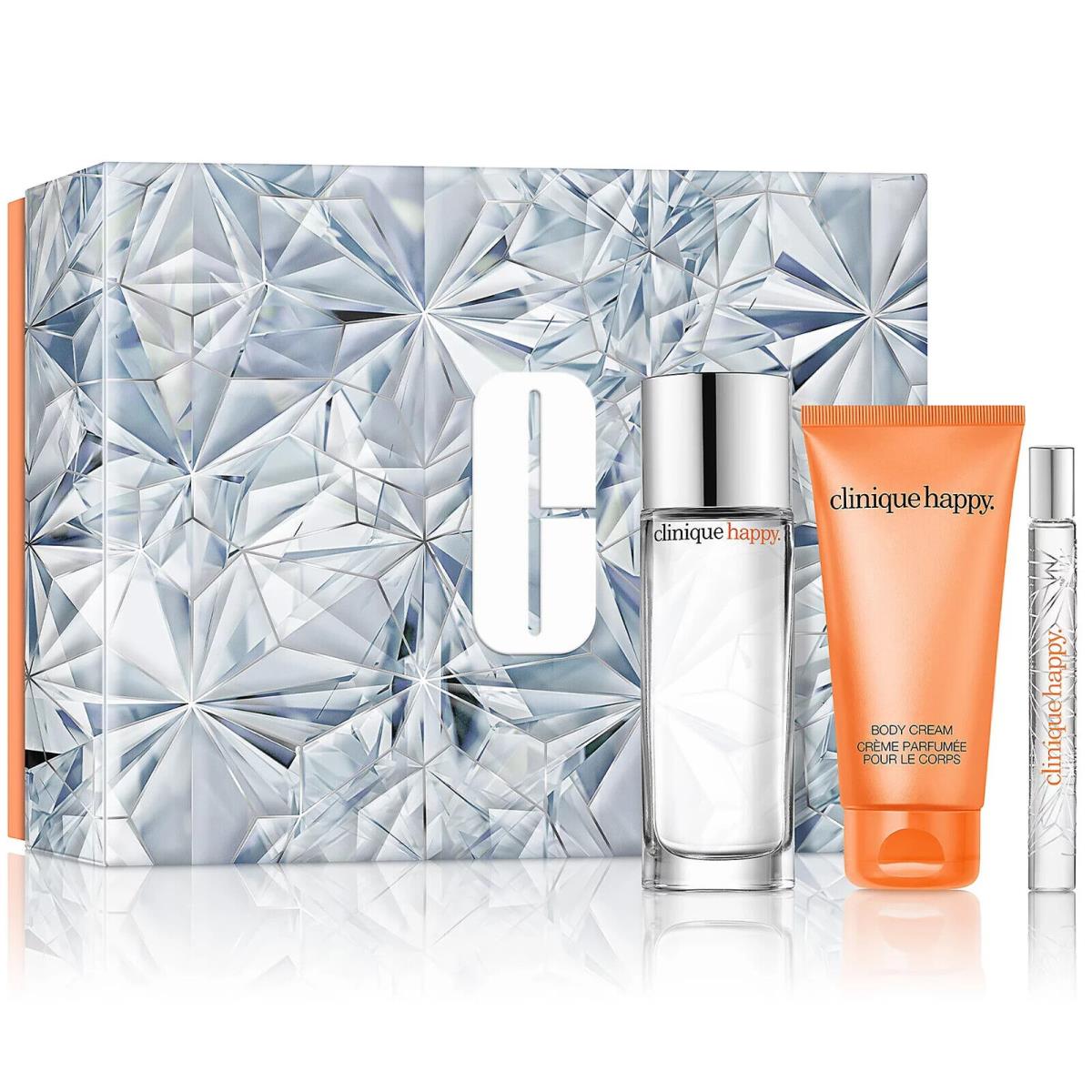 Clinique Happy Women 3pc Set 1.7 oz Perfume 2.5 oz Cream + .2 oz Travel Spray