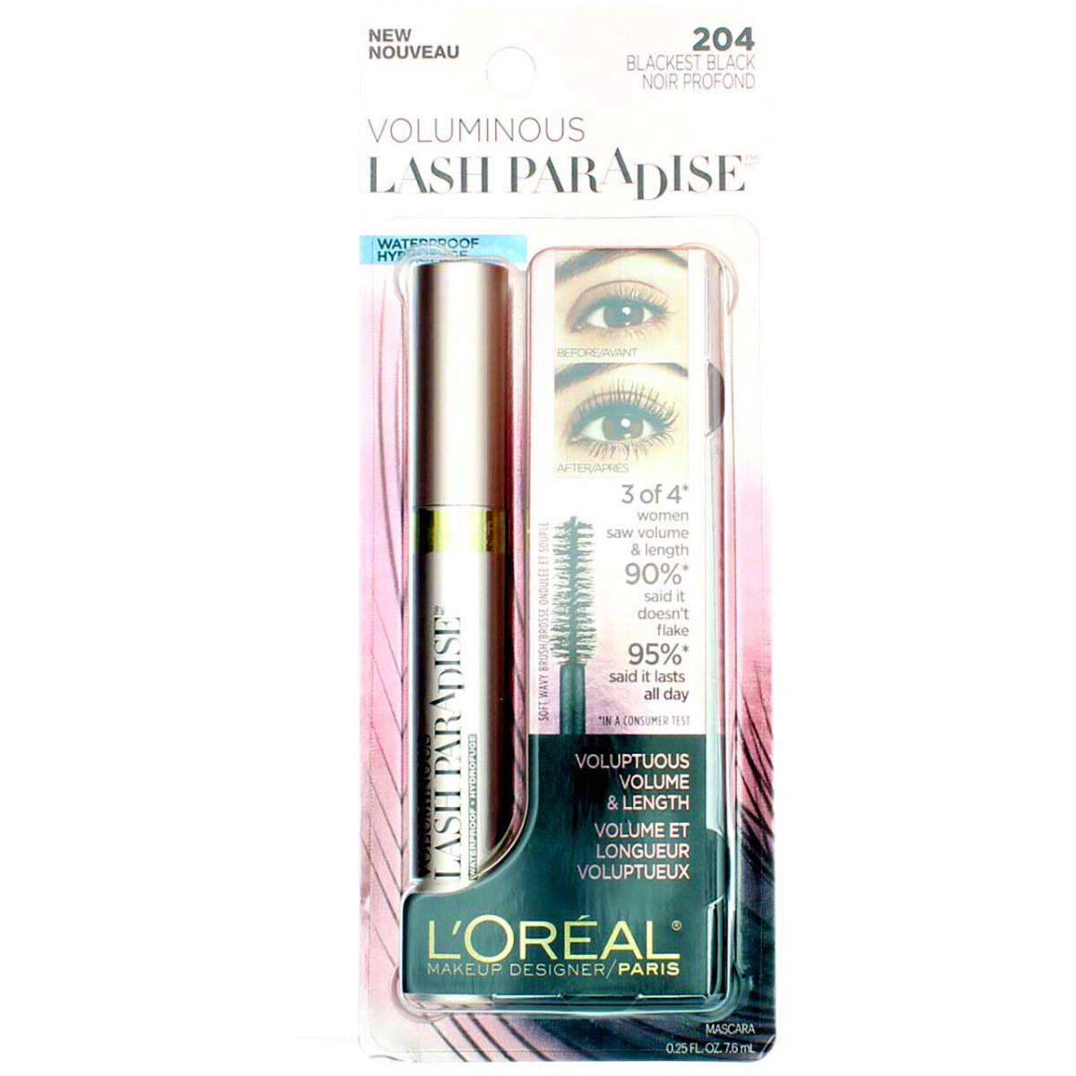 6 Pack L`oreal Paris Voluminous Lash Paradise Mascara Blackest Black 204