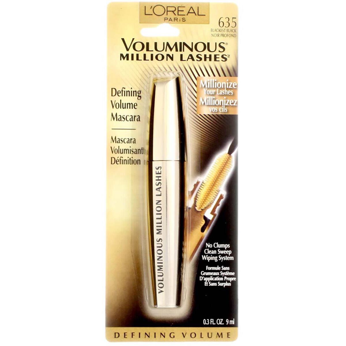 4 Pack L`oreal Paris Voluminous Million Lashes Washable Mascara Blackest