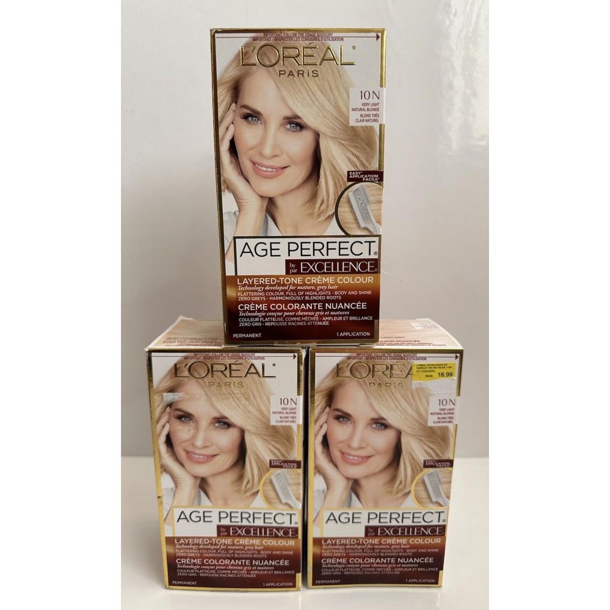 3 X Loreal Age Perfect Permanent Hair Color 10N Very Light Natural Blonde