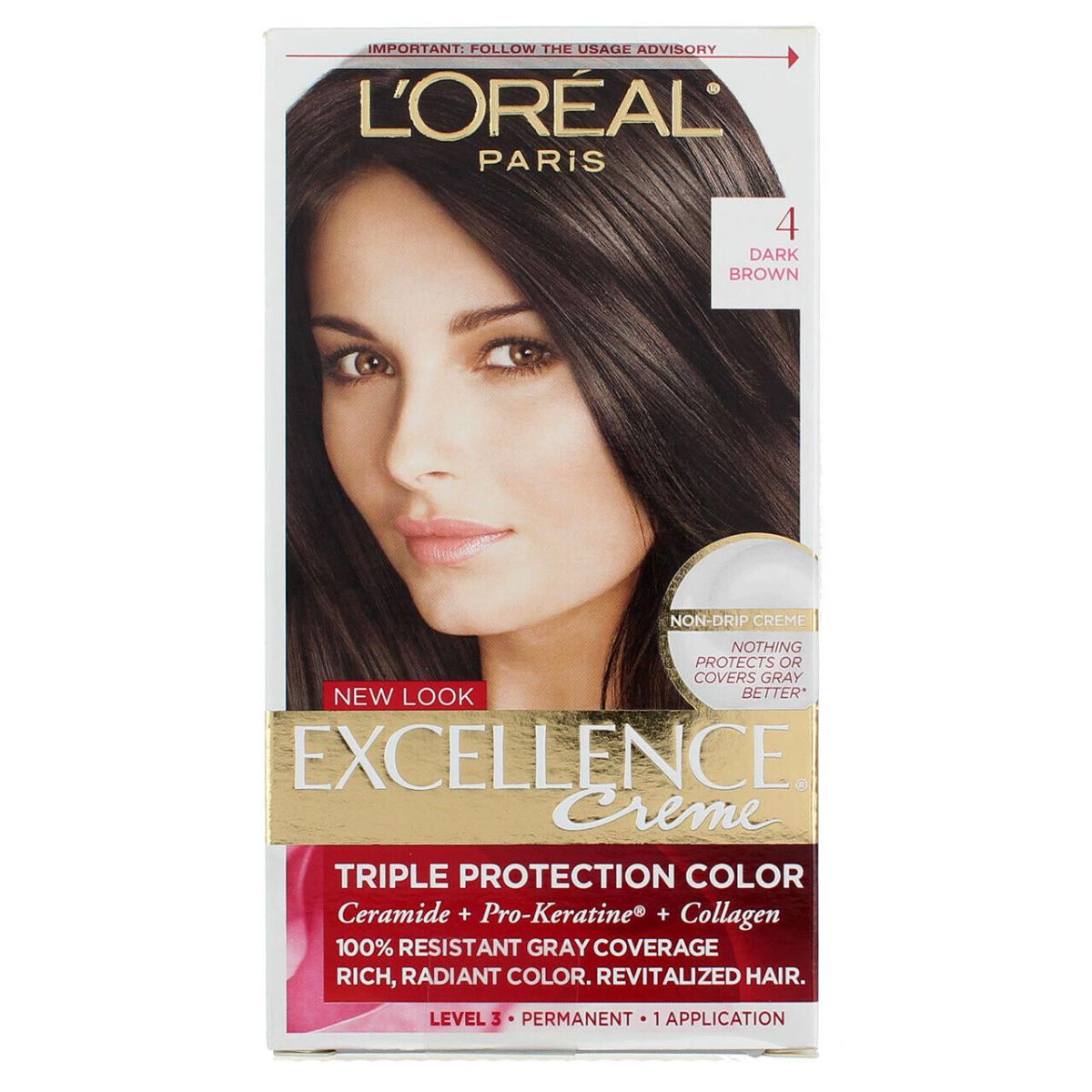 4 Pack L`oreal Paris Excellence Creme Triple Protection Hair Color Dark Brown 4