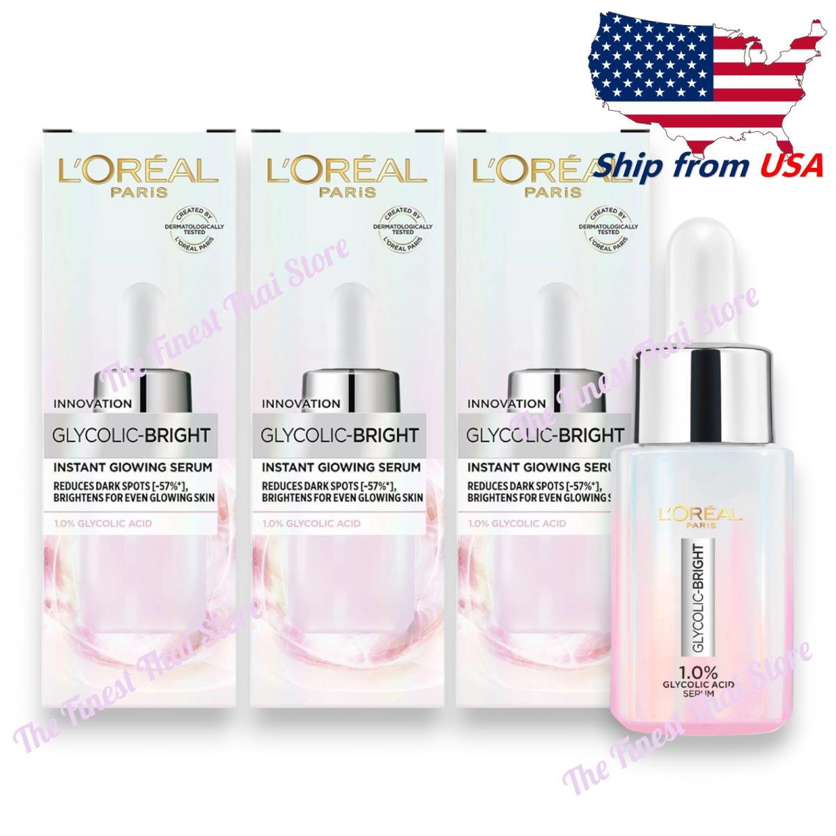 L`oreal Paris Glycolic Bright Instant Glowing Serum 15 Pack of 3 Ship From Usa