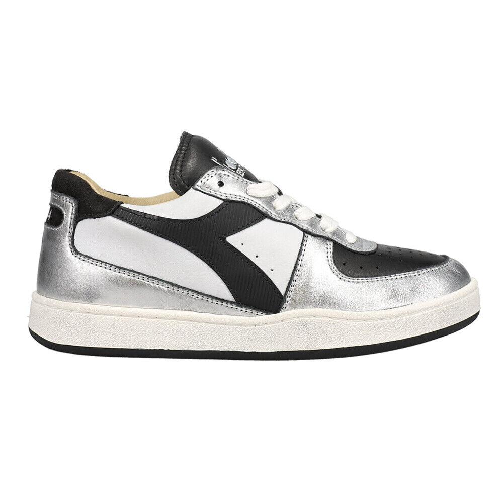 Diadora Mi Basket Low Metallic Dirty Lace Up Mens Black Silver White Sneakers