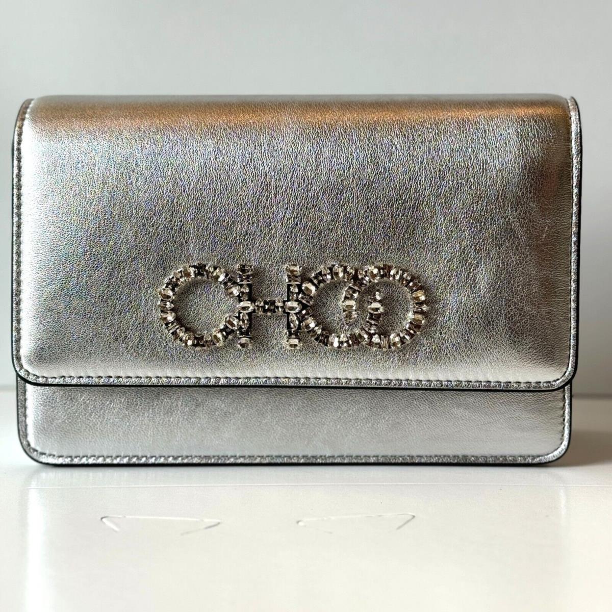 Jimmy Choo Kalina Crossbody Clutch Bag Crystal Logo Metallic Silver