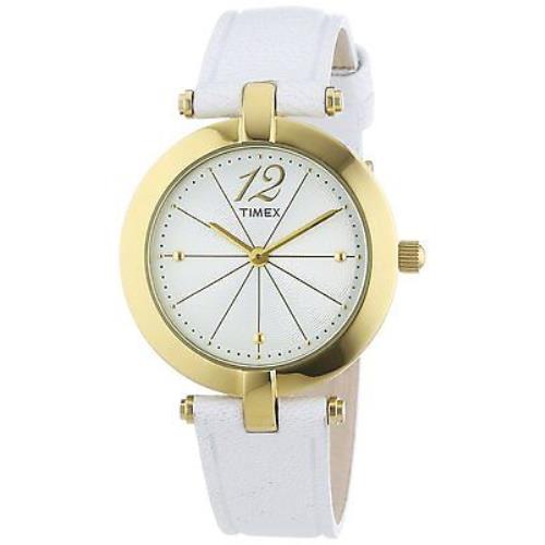 Timex Gold Tone White Leather Band White Dial Classic WATCH-T2P542