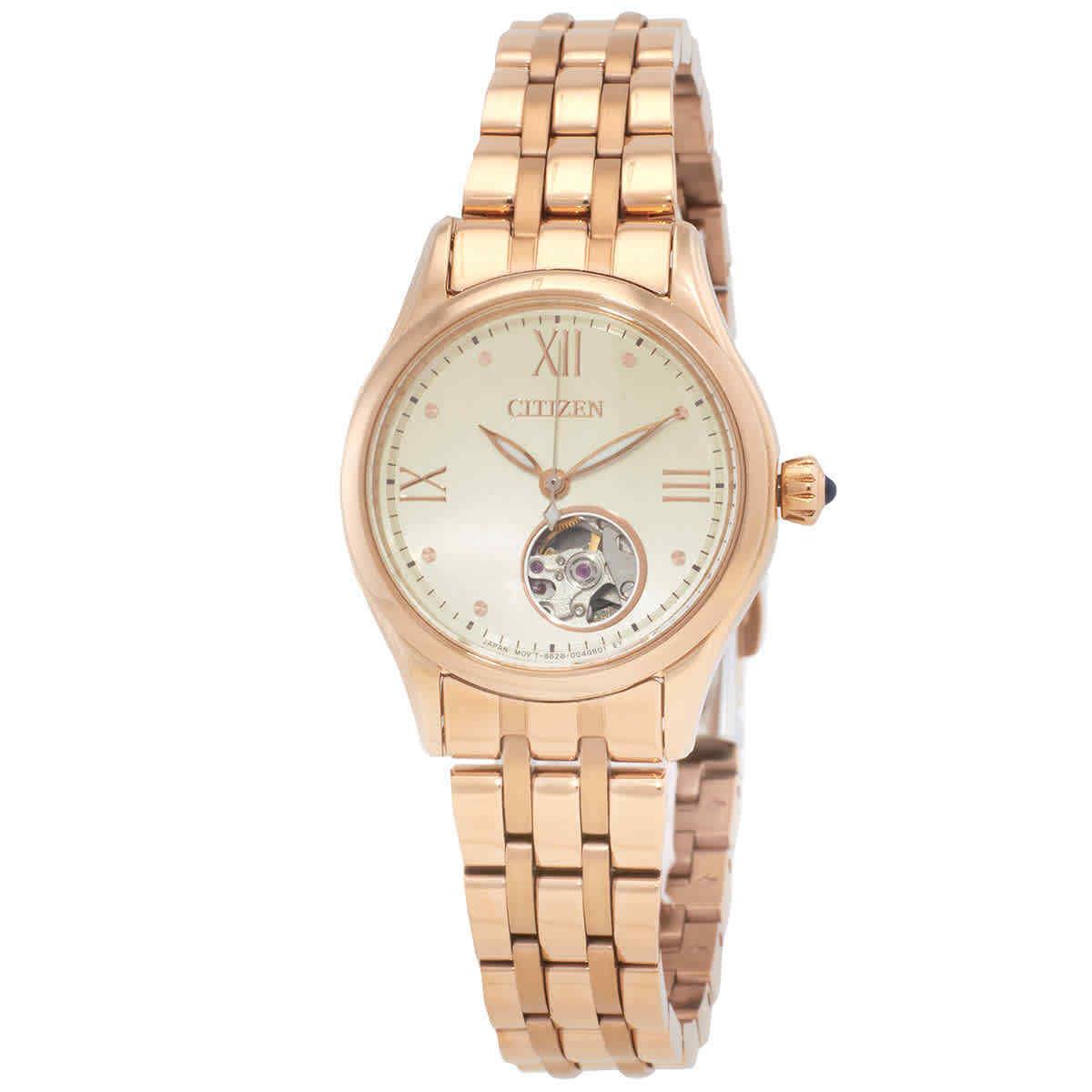 Citizen Luna Automatic Gold Dial Ladies Watch PR1043-80P - Dial: Pale Gold, Band: Rose Gold-tone, Bezel: Rose Gold-tone