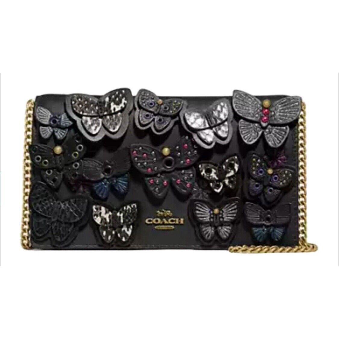 Coach Callie Foldover Chain Clutch Butterfly Applique In Black Handbag Purse