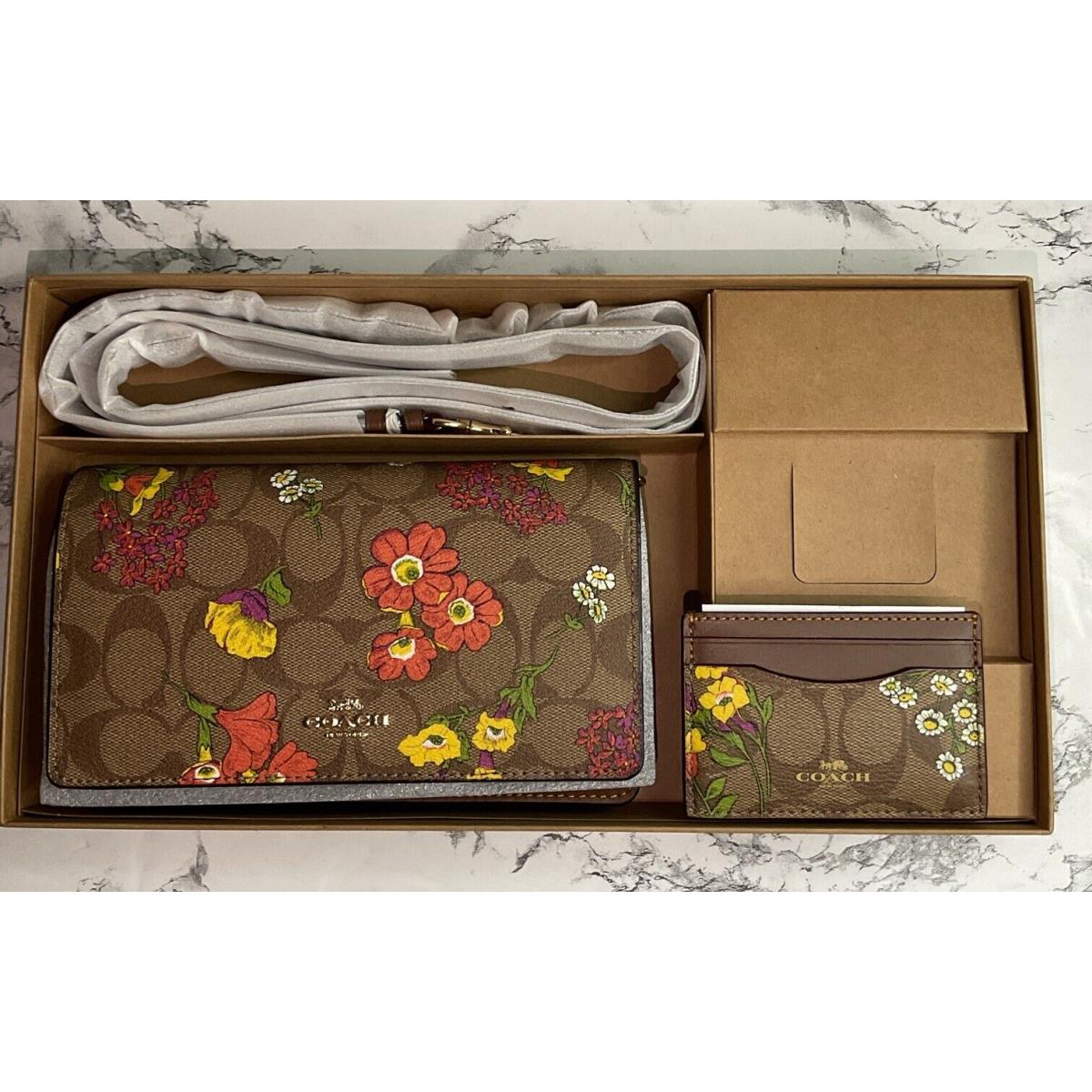 Coach Gift Box Set Floral Brown Clutch Back Card Case