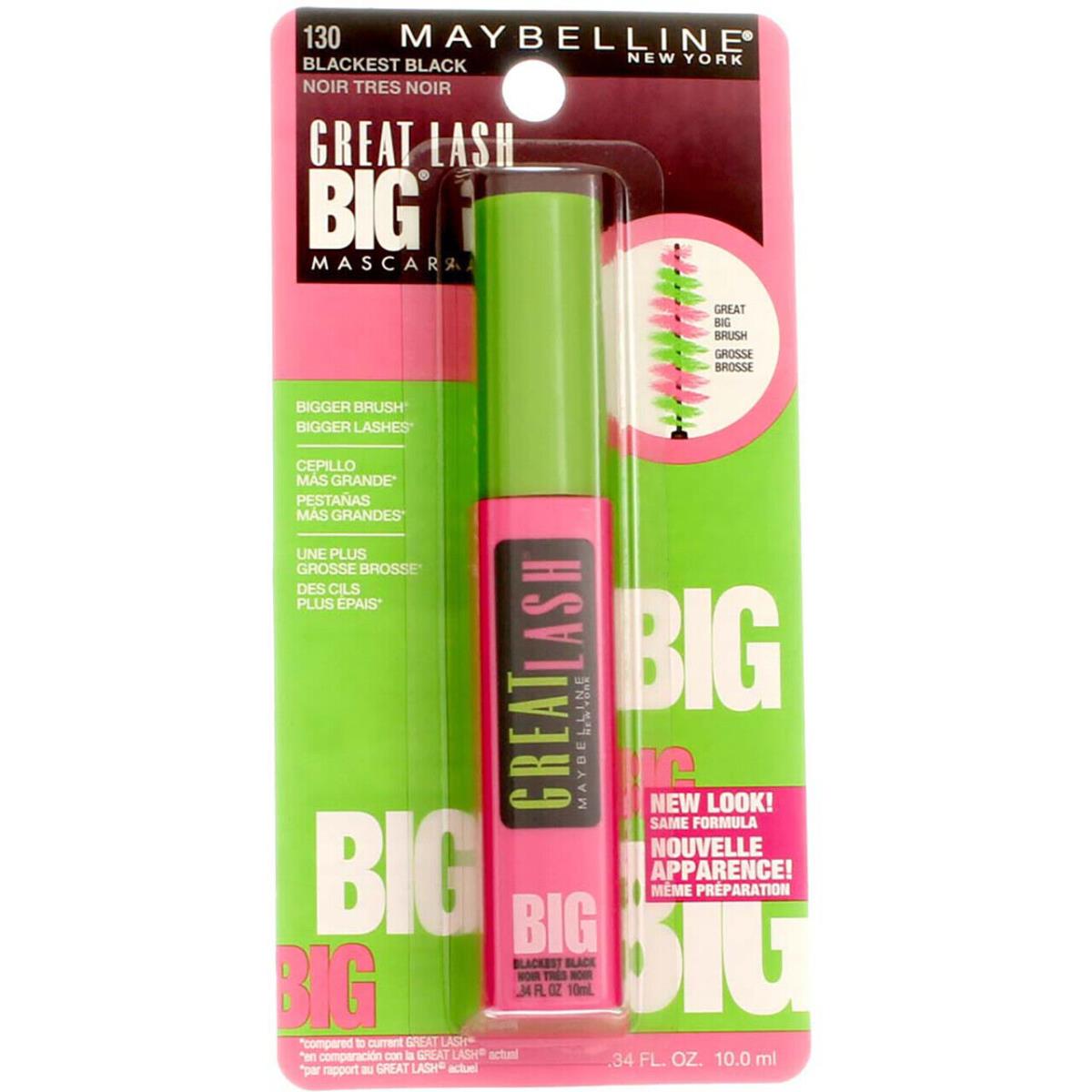 6 Pack Maybelline Great Lash Big Washable Mascara Blackest Black 130 0.34