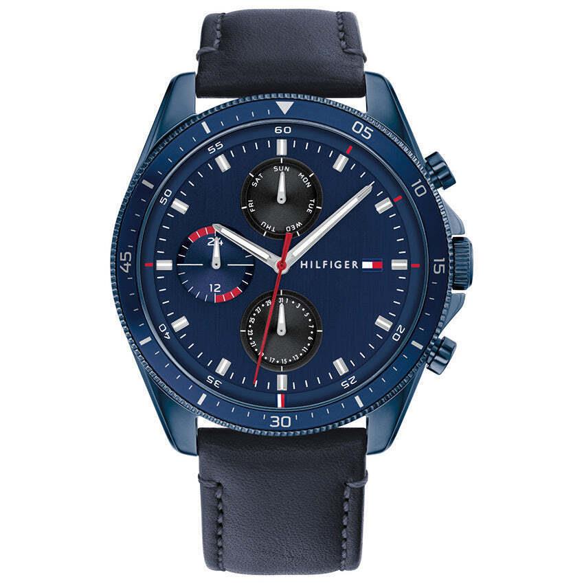 Tommy Hilfiger 1791839 Men`s Blue Dial Black Leather Watch 44mm