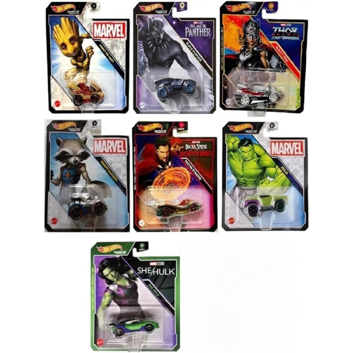 Hot Wheels Marvel 7pack Cars Groot Black Panther Hulk Dr.strange Rocket She