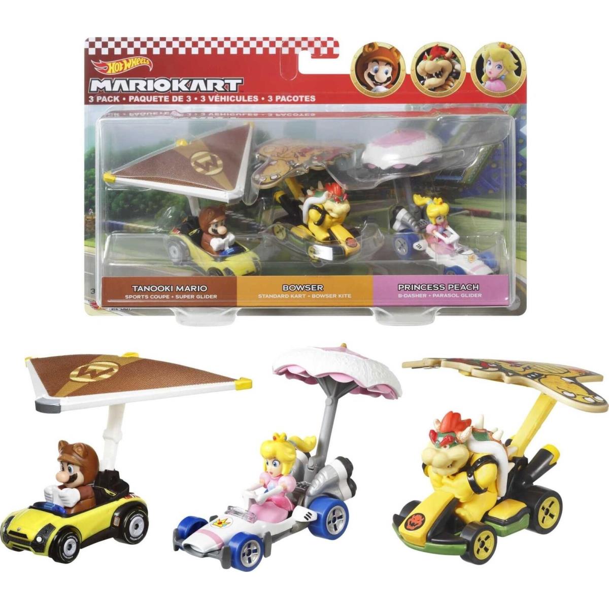 Hot Wheels Mario Kart Vehicle 3-Pack Set of Toy Cars with Gliders Inspired