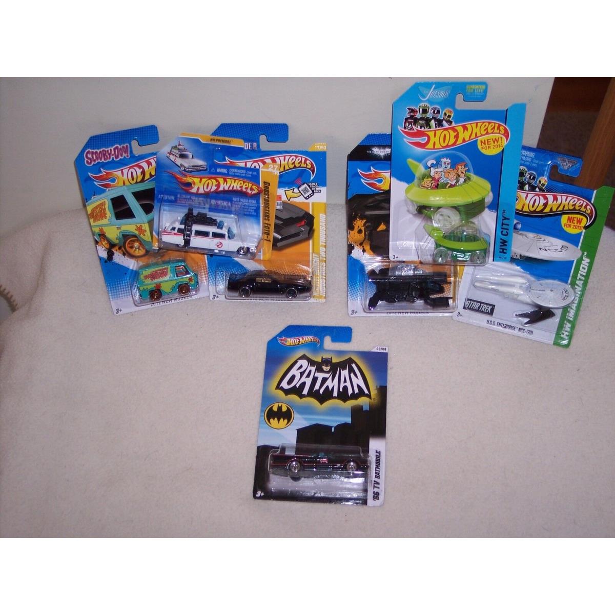 Hot Wheels - 7 Car Lot-jetsons- Bat Man- Ghostbusters- Knight Rider- More