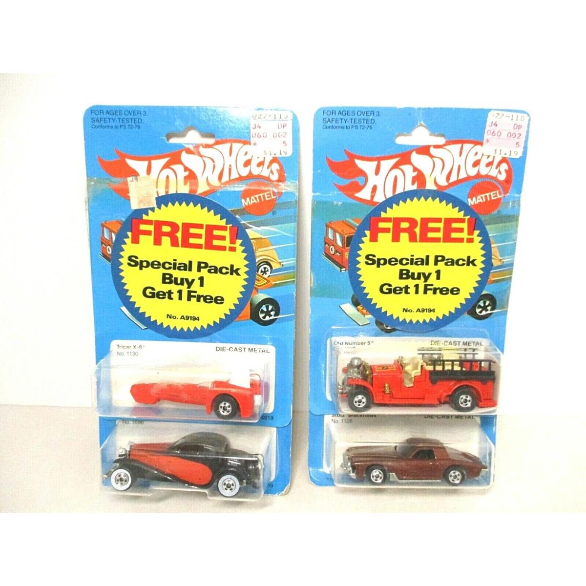 Vintage Hot Wheels 1937 Bugatti Tricar X-8 Stutz and Firetruck. 1982 New