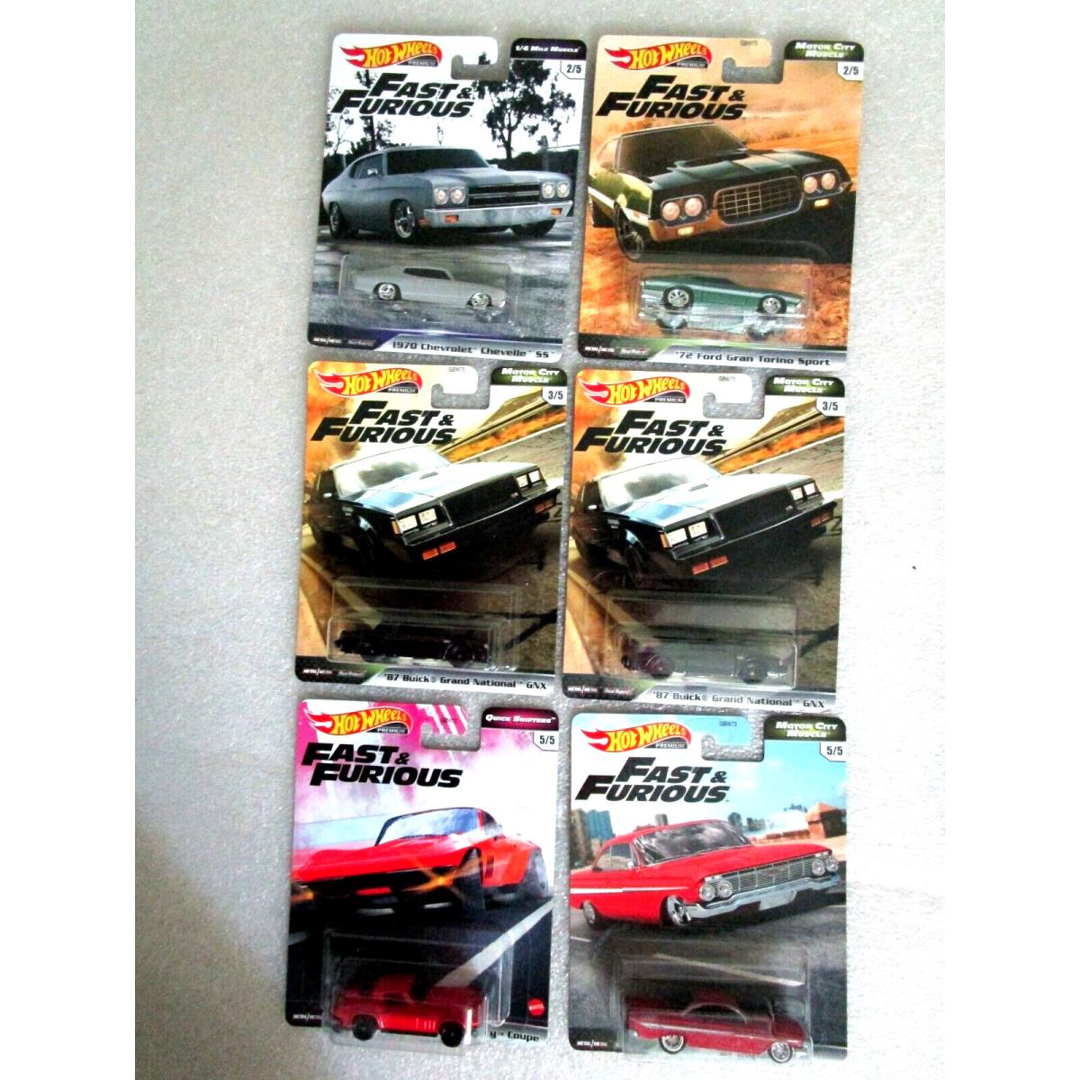 6 Hot Wheels Fast and Furious `61 Impala Torino Grand National Chevelle Stingray