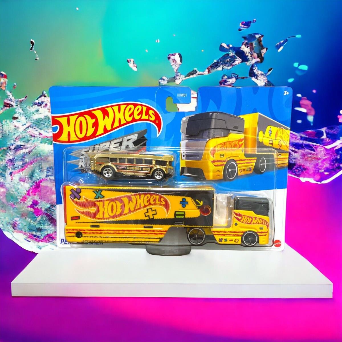 Hot Wheels Super Rigs Pencil Pusher Hauler Transporter Truck Car High School Bus