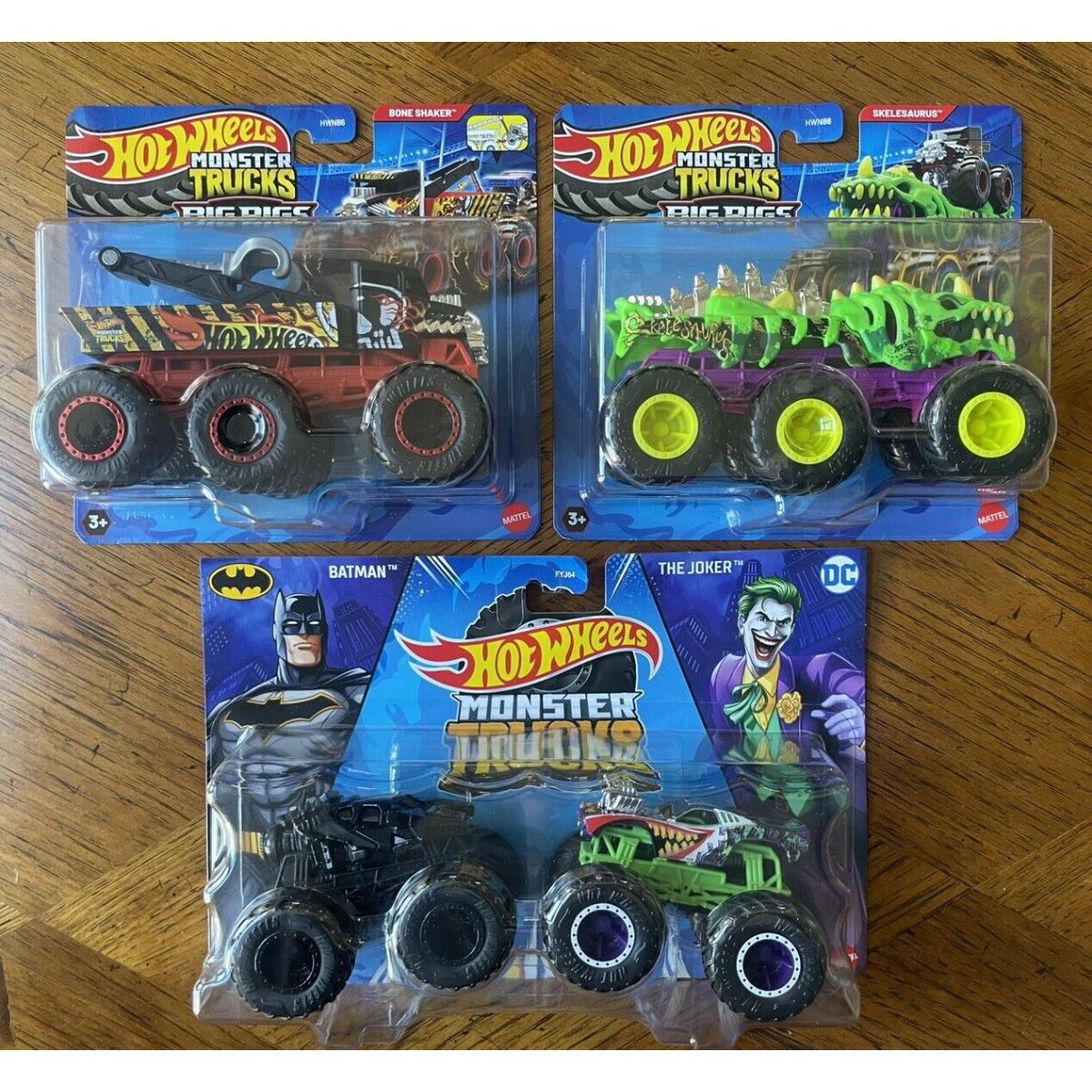 Hot Wheels Monster Trucks Big Rigs Bone Shaker Skelesaurus + Batman and Joker