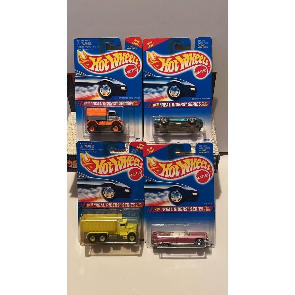 Hot Wheels 1995 Real Riders 4 Car Set Corvette Caddy Dump Truck Unimog GY Rrs