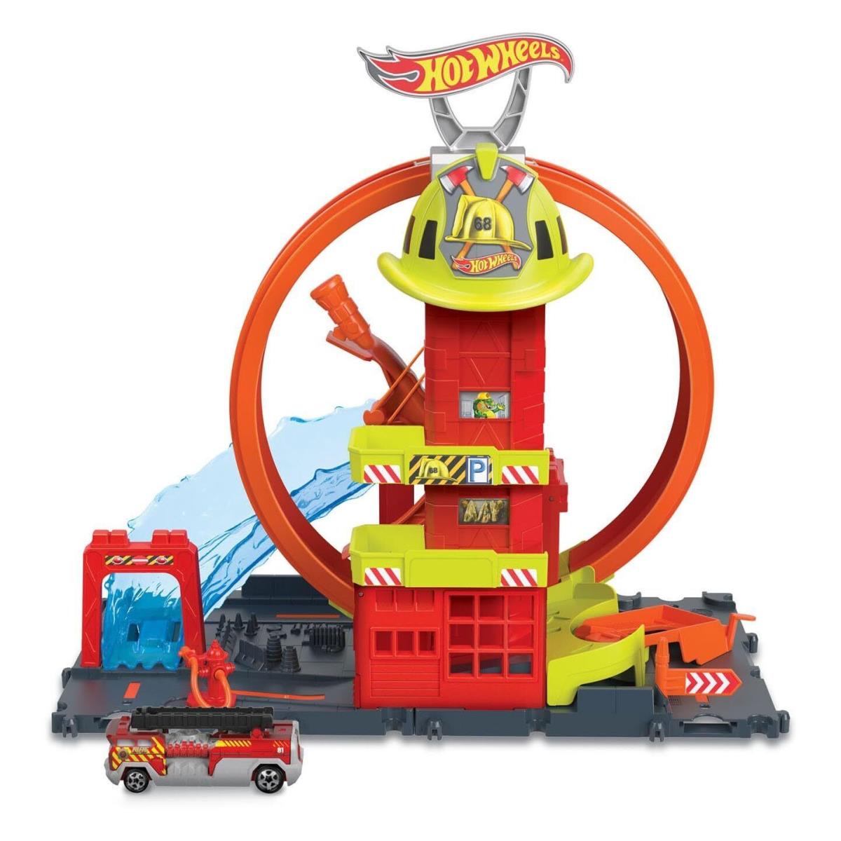 Hot Wheels City Toy Car Track Set Super Loop Fire Station 164 Scale