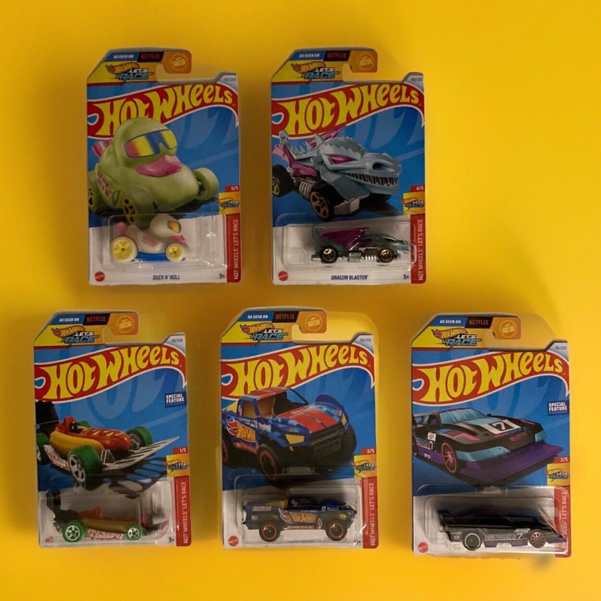 Hot Wheels Netflix Let`s Race Full Set Of 5: Gt-scorcher/wiener/baja/dragon/duck