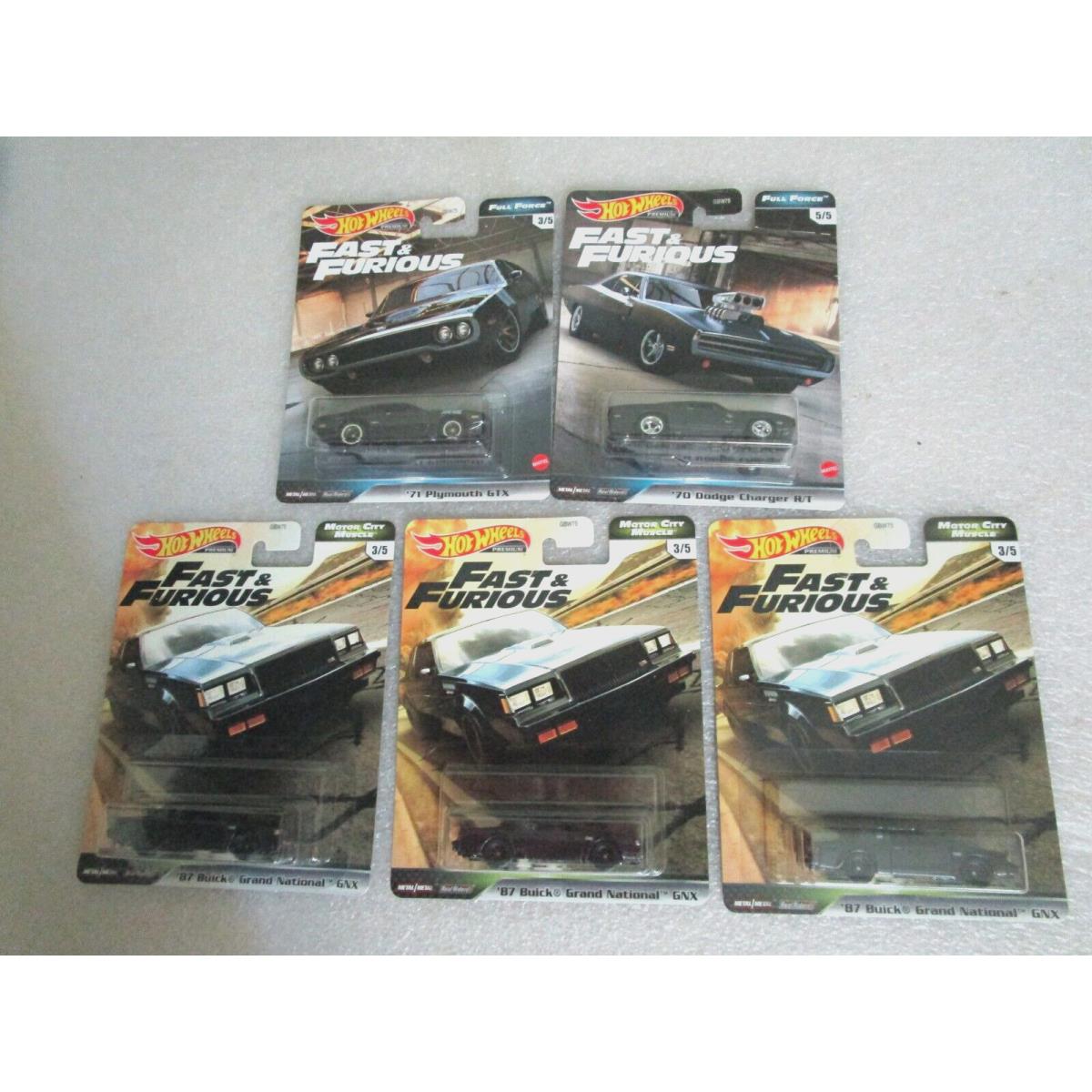 5 Hot Wheels Fast Furious `87 Grand National Gnx `70 Charger R/t `71 Plymouth